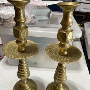 1950'S VINTAGE ETCHED BRASS MOROCCAN CANDLE HOLDER WITH DRIP TRAY SET OF 2